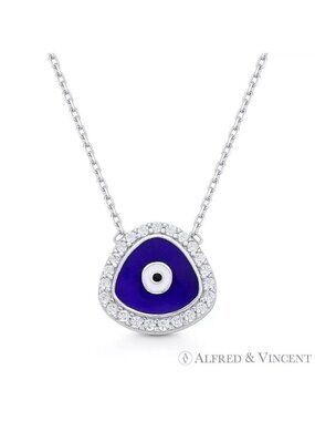 Evil Eye Enamel & CZ Crystal Pave Pendant Turkish Nazar Sterling Silver Necklace